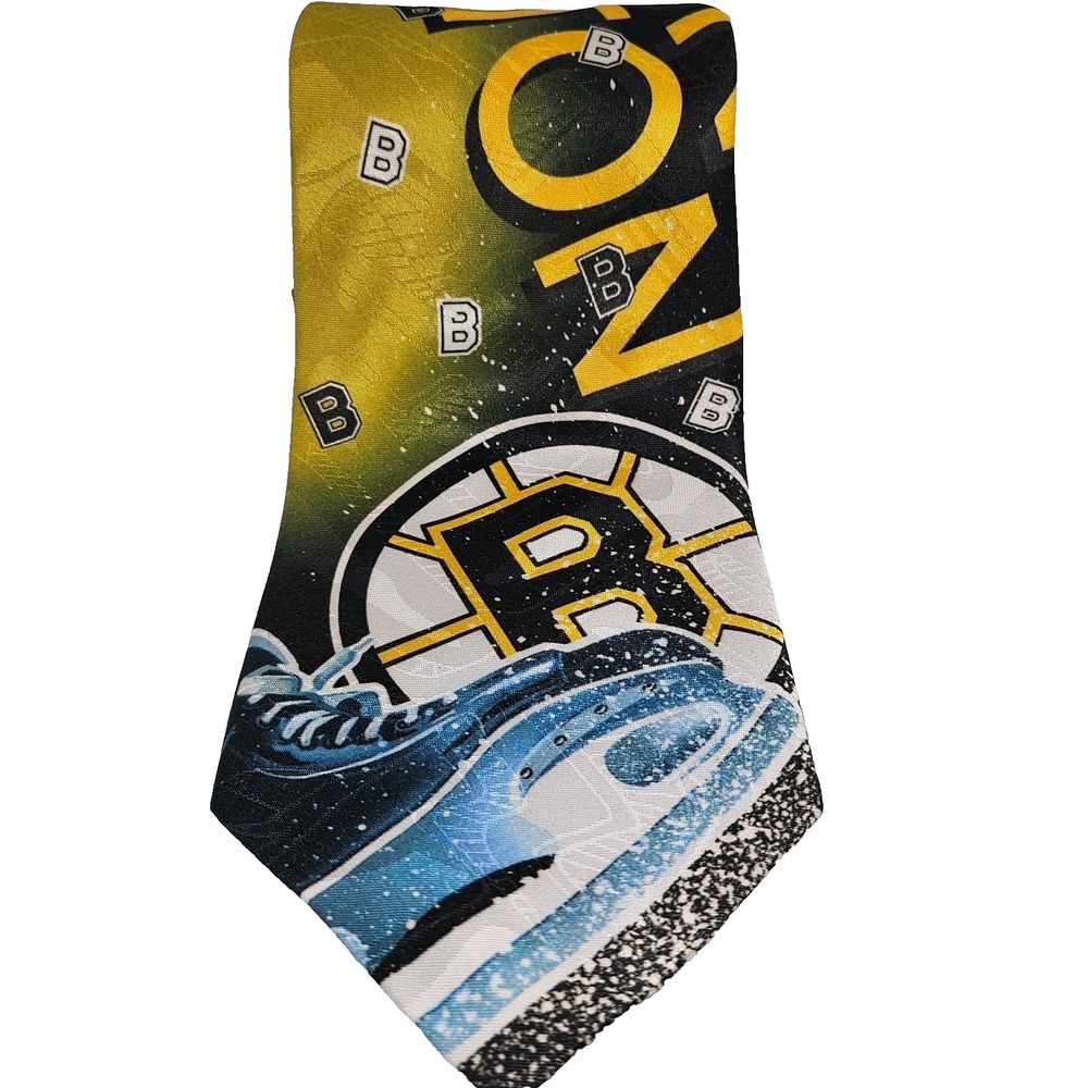 Vintage Necktie Boston Bruins Black Gold Polyester NHL Hockey Skate Graphic